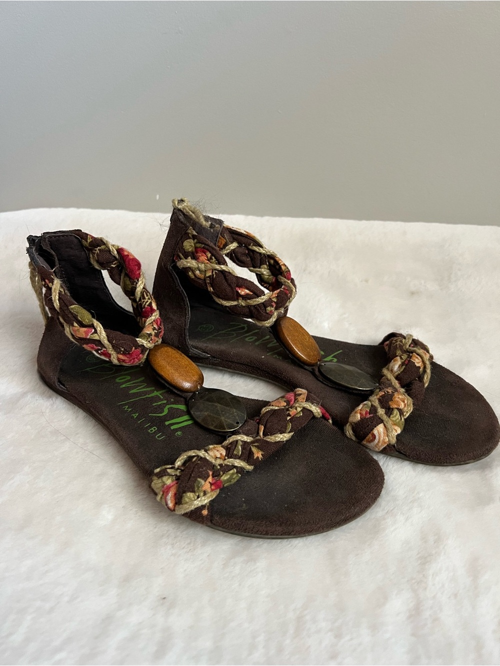Blowfish Malibu Braided Gladiator Sandals Brown Floral Zip Back Size 6.5 Zip Up
